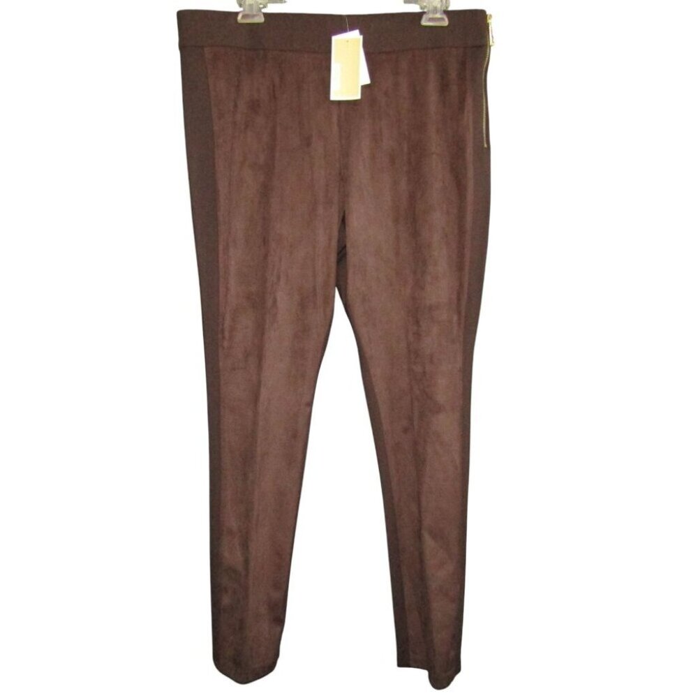 Michael Kors Faux Suede Front Pants Size L Brown Gold Side Zip Womens New Tag